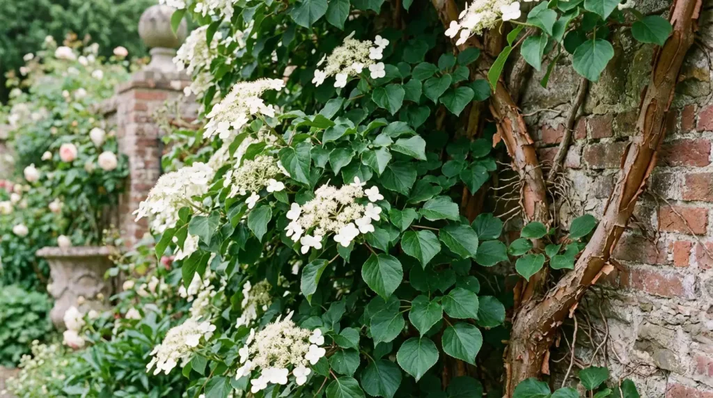 yourselflovehub.com climbing hydrangea flowers and cinnamon bark on mature stems