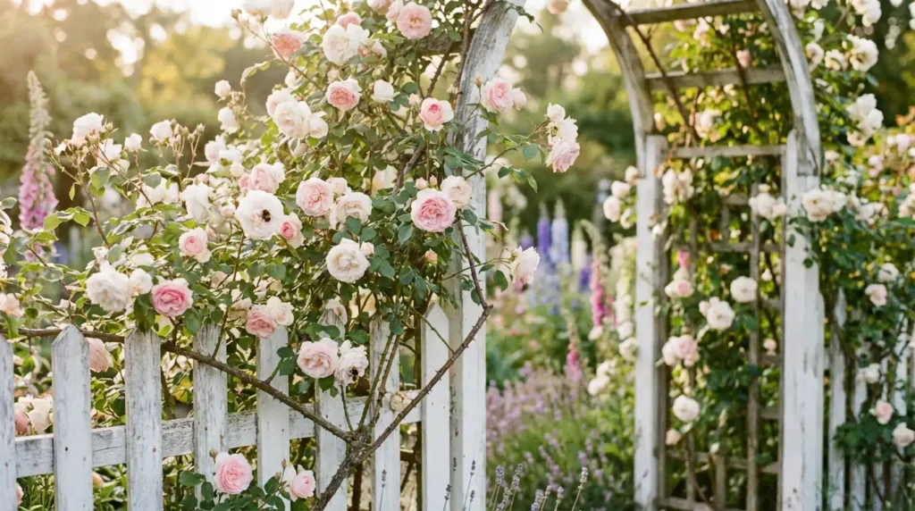 yourselflovehub.com climbing roses on garden arbor with soft pink blooms
