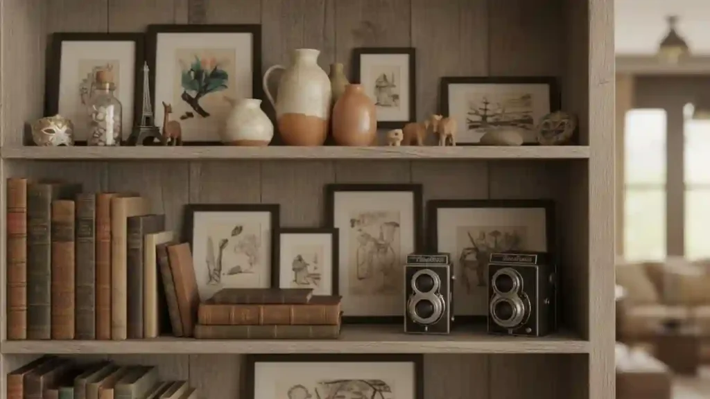 Styled shelves with books ceramics and souvenirs curated by Yourself Love Hub for collectors