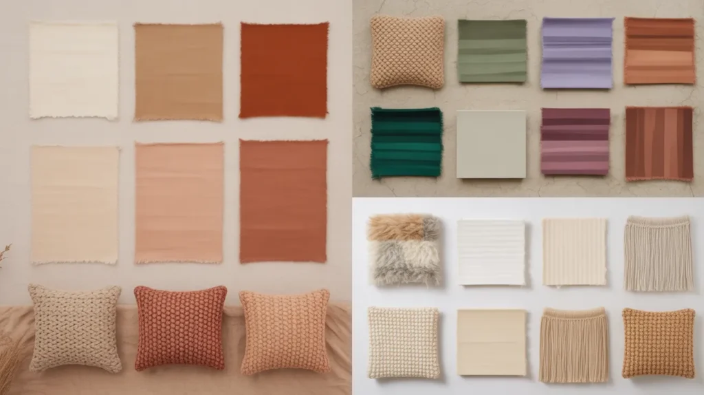 “Styled palette of earthy neutrals, desert tones, jewel colors and creamy textures showing color scheme options for Bohemian Bedroom Ideas