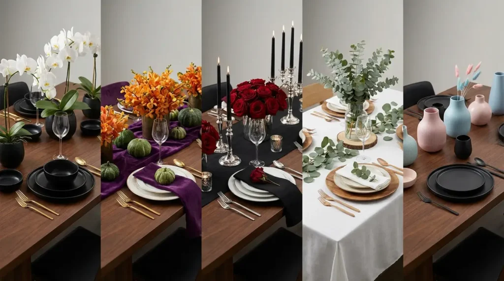 Halloween Dining Room Decor Ideas featuring five luxe color palettes with styled tablescapes and centerpieces.