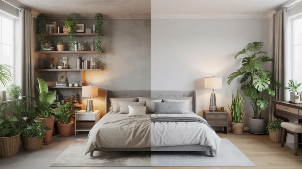 One bedroom shown both cluttered with too many plants and then restyled with fewer larger plants, clear before and after lesson from yourselflovehub.com