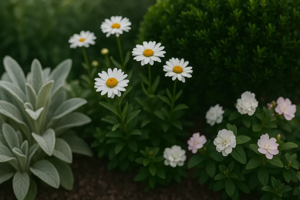 “Close-up of white blooms with lamb’s ear, boxwood and pastel flowers, textured companion planting idea for yourselflovehub.com.”