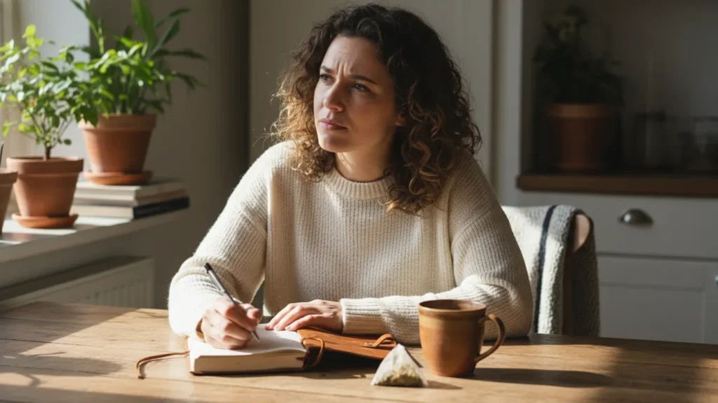 YourselfLoveHub.com woman journaling at kitchen table with herbal tea and soft daylight focused on self reflection