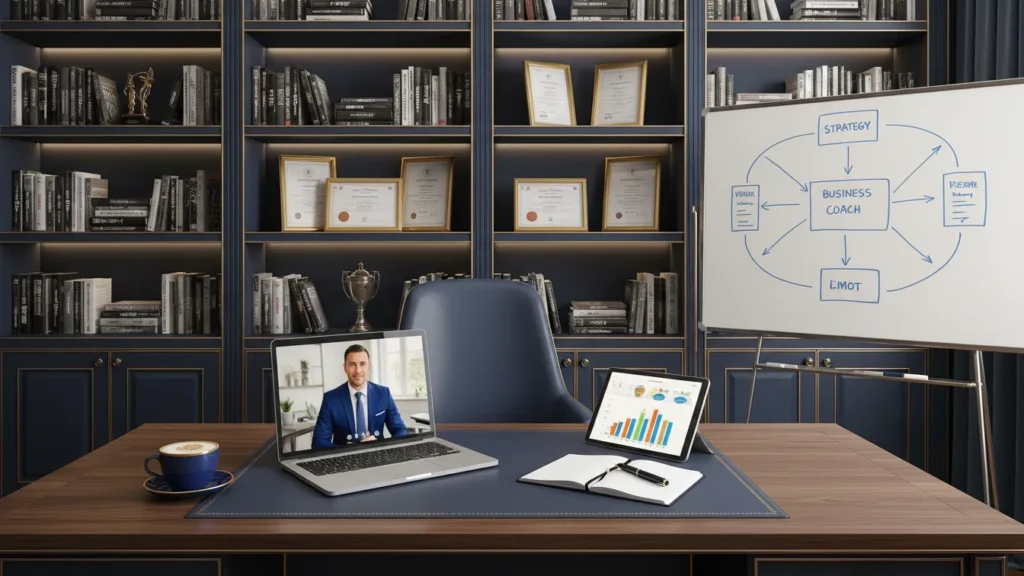  luxury home office desk with laptop video call business charts books and framed certificates