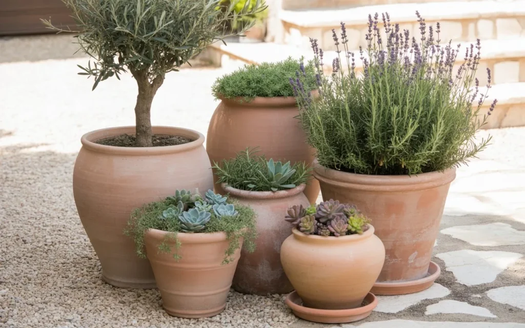 Group of terracotta pots with succulents, herbs, and a small tree styled for a patio look on yourselflovehub.com.