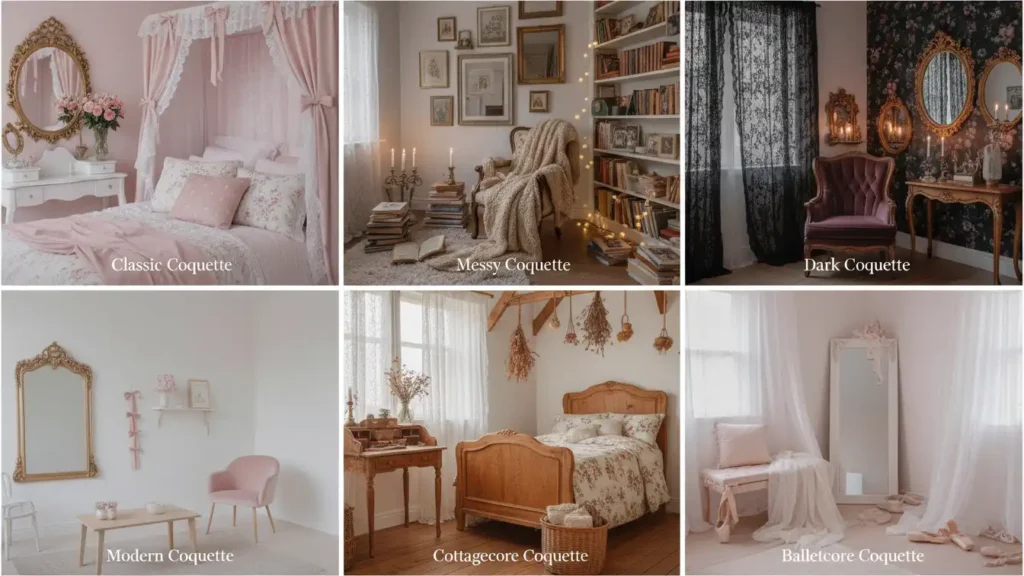 Yourself Love Hub collage of six Coquette Home Aesthetic variations classic messy dark modern cottagecore and balletcore