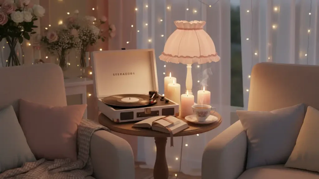 Yourself Love Hub coquette home atmosphere with warm lights candles and music