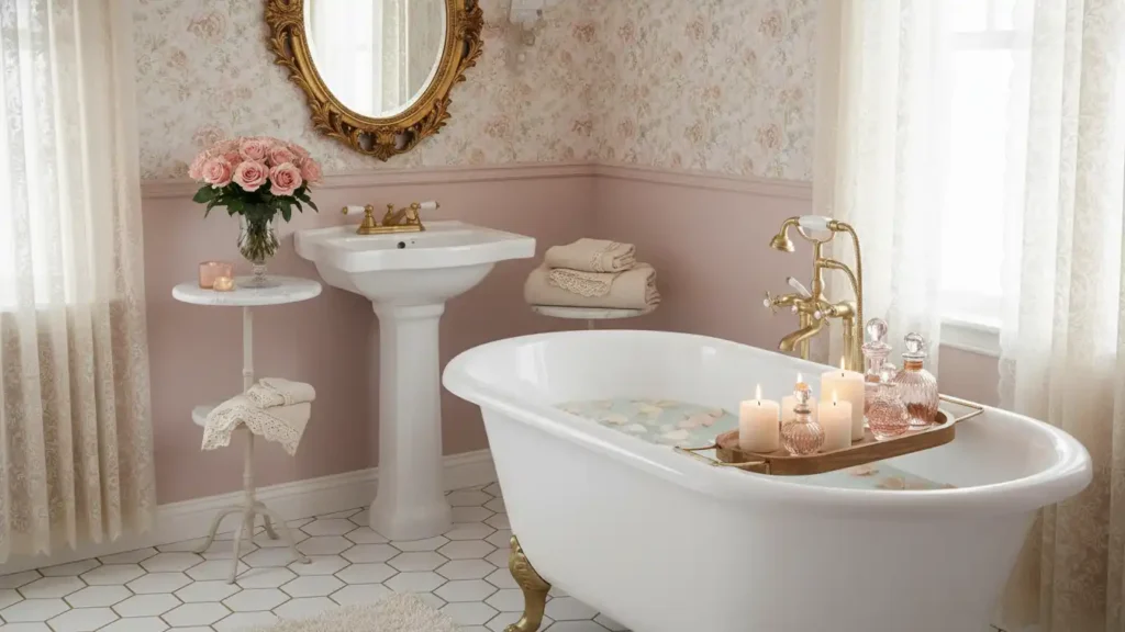 Coquette Home Aesthetic bathroom with clawfoot tub gold fixtures and candles