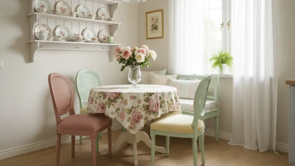 Yourself Love Hub coquette kitchen dining corner with floral table and vintage teacups