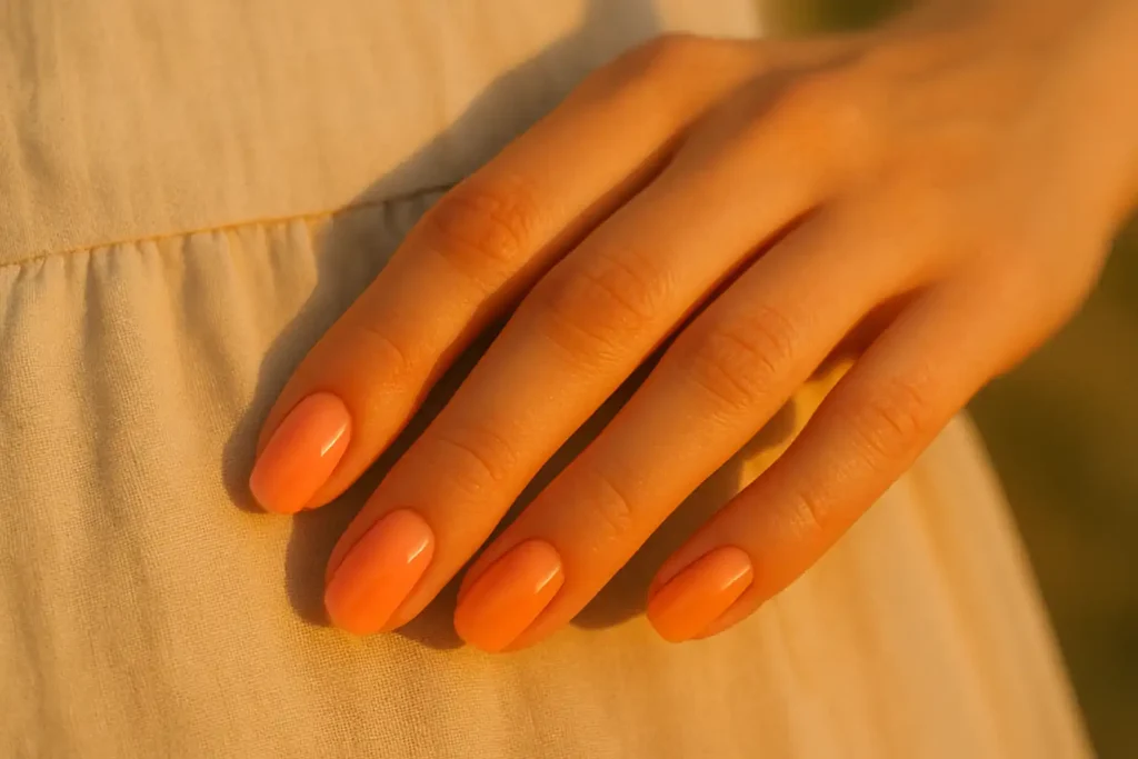 Coral to cantaloupe ombre manicure on almond nails resting on a linen dress in warm light.