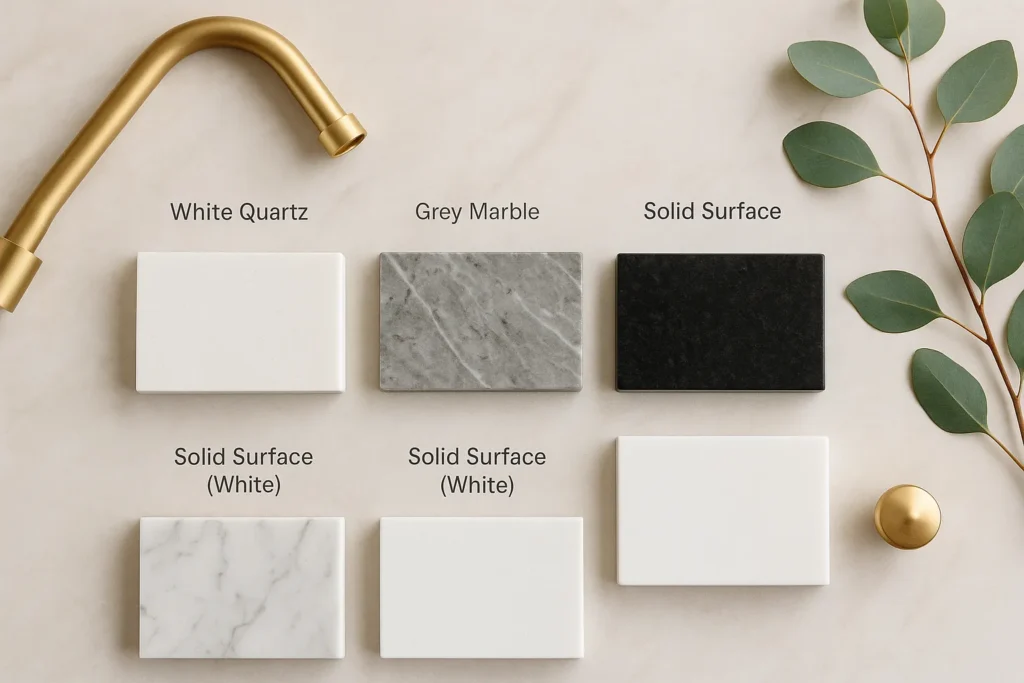 Flat lay of white quartz, grey marble, black granite and solid surface countertop samples on a table styled with brass faucet parts and eucalyptus