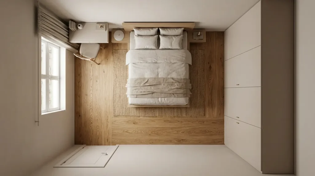 Aerial layout view showing small bedroom ideas that make your room feel bigger through clear walkways