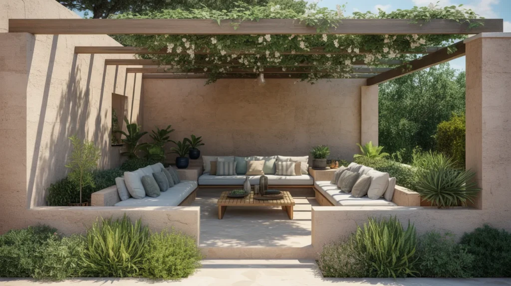 Outdoor seating area under a pergola with lush greenery, showing Mediterranean Garden Ideas for defined living spaces.