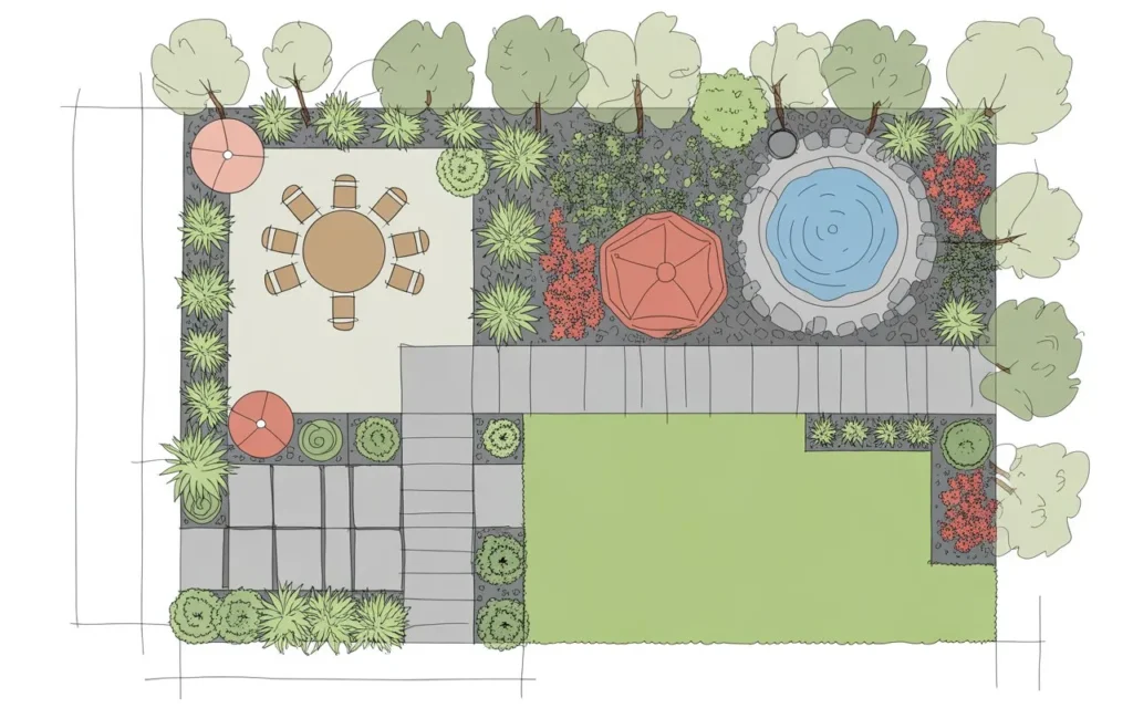 Hand-drawn garden plan dividing a yard into dining, pool, and planting zones as shared on yourselflovehub.com.