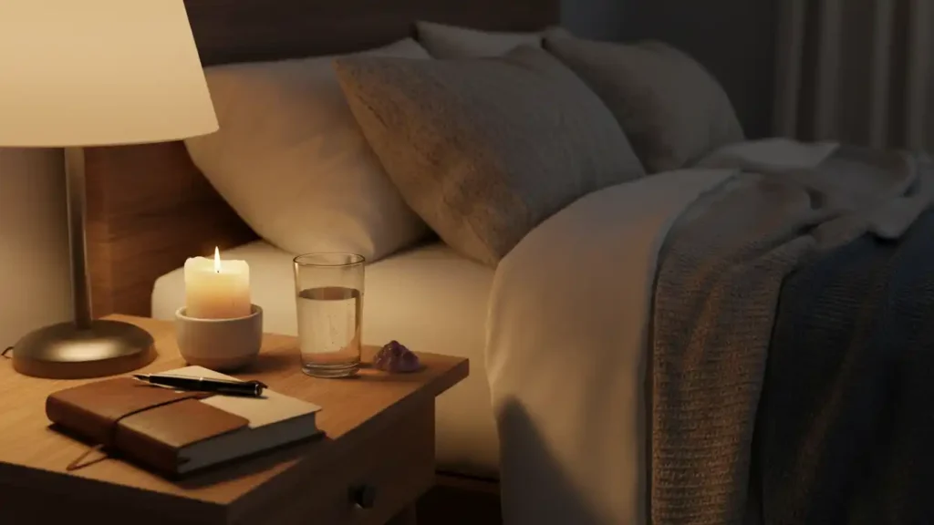 Nightstand with journal candle water and pen styled as a gentle nightly ritual scene for an energy cleansing routine on YourselfLoveHub.com