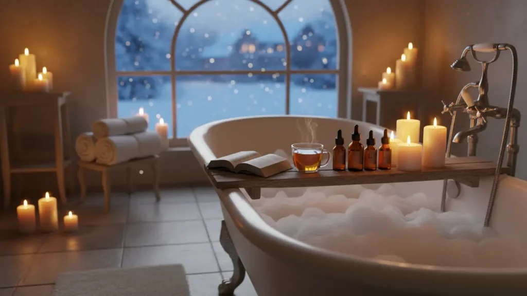 YourselfLoveHub spa-like bath ritual with candles, tea, and a snowy evening view.