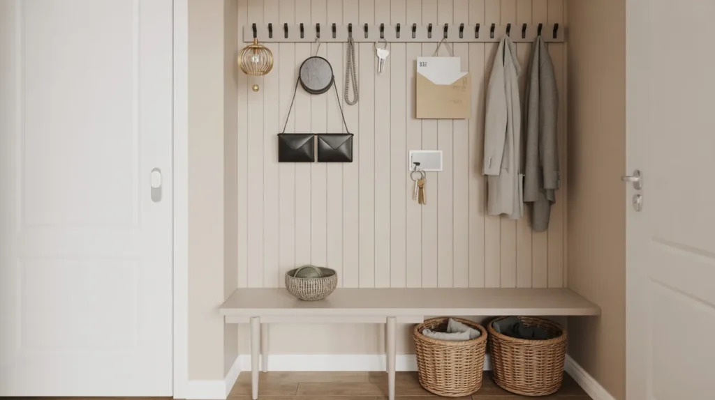 Neat entryway storage bench and hooks showing practical organizing ideas for Yourself Love Hub readers.