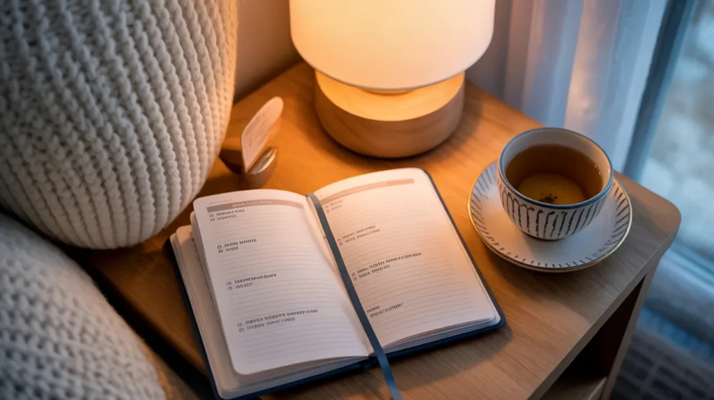 Warm bedside table with an open daily planner, glowing lamp and cup of tea, a gentle nightly ritual idea from YourselfLoveHub.