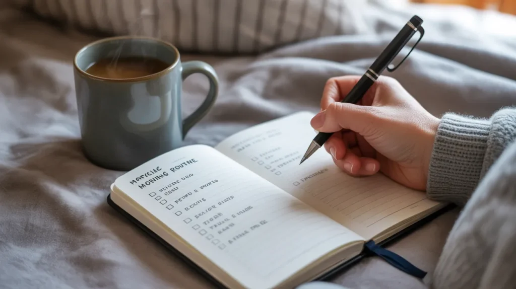 Woman planning morning routine in journal with coffee beside her, customizing habits with guidance from Yourself Love Hub.