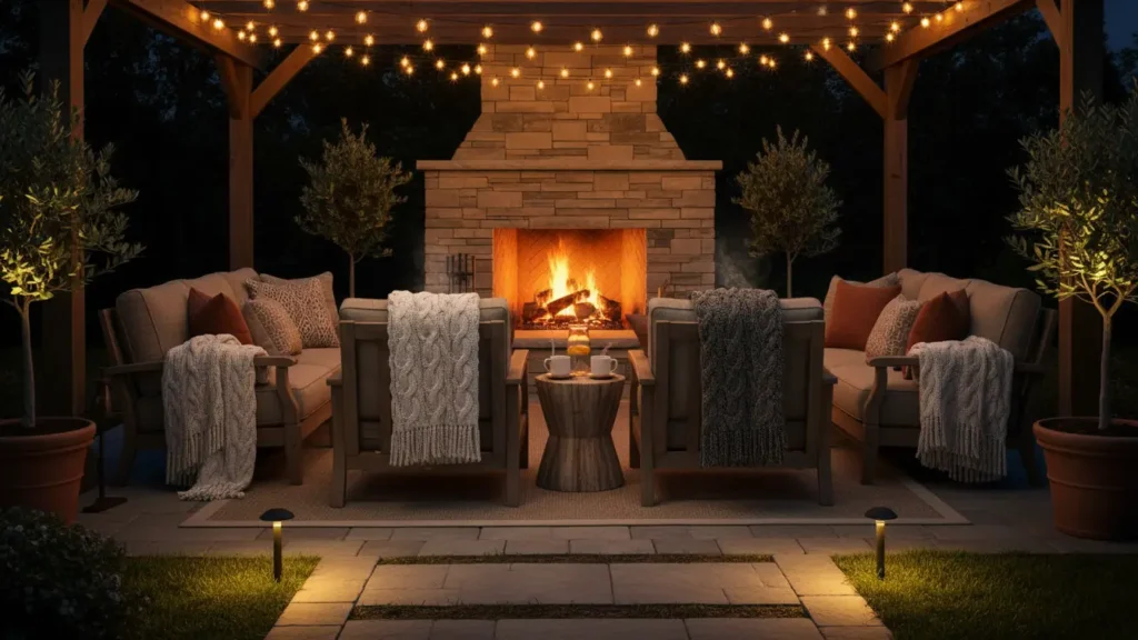 Outdoor Fireplace and Firepit Design Ideas showing a cozy backyard fireplace scene with layered lighting and throw blankets
