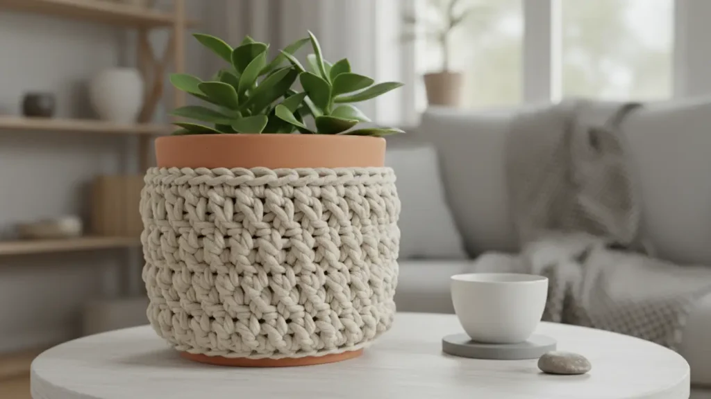 YourselfLoveHub crochet plant pot cozy wrapped around a planter with textured stitches and neutral styling.