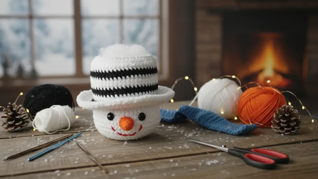 YourselfLoveHub crochet top hat accessory styled on a snowman with clean stitches and winter vibes.