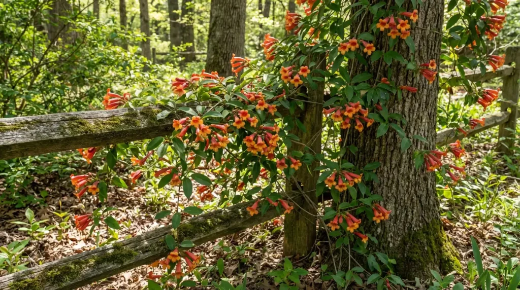 Best clinging vines cross vine tubular orange-red flowers on natural fence