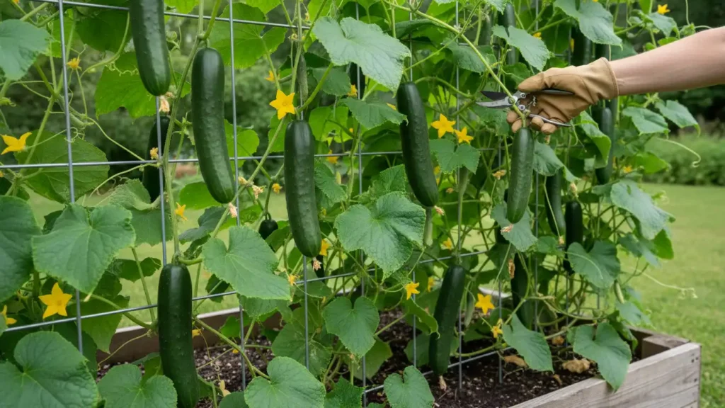 Yourself Love Hub cucumbers growing vertically on garden trellis