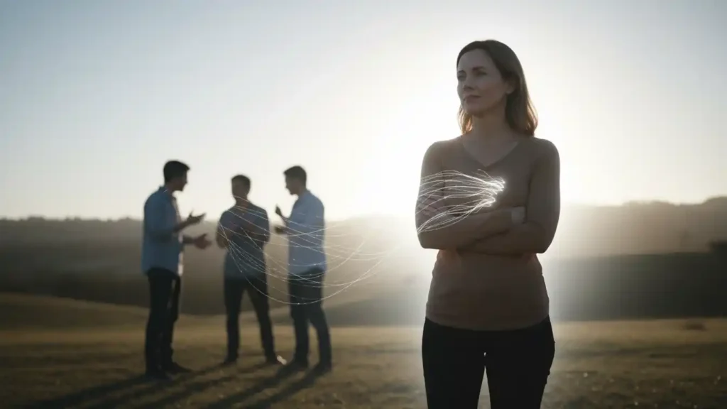 Woman stepping slightly away from a small group with soft confident expression symbolizing choosing distance to remove negative energy from your life for good