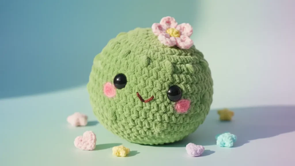 YourselfLoveHub cute cactus with a tiny flower and kawaii-style details on a pastel background.