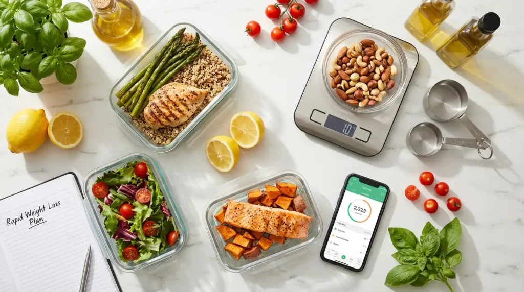 Flat lay of healthy meal prep containers and tools, illustrating simple dietary changes to lose weight without moving your body.