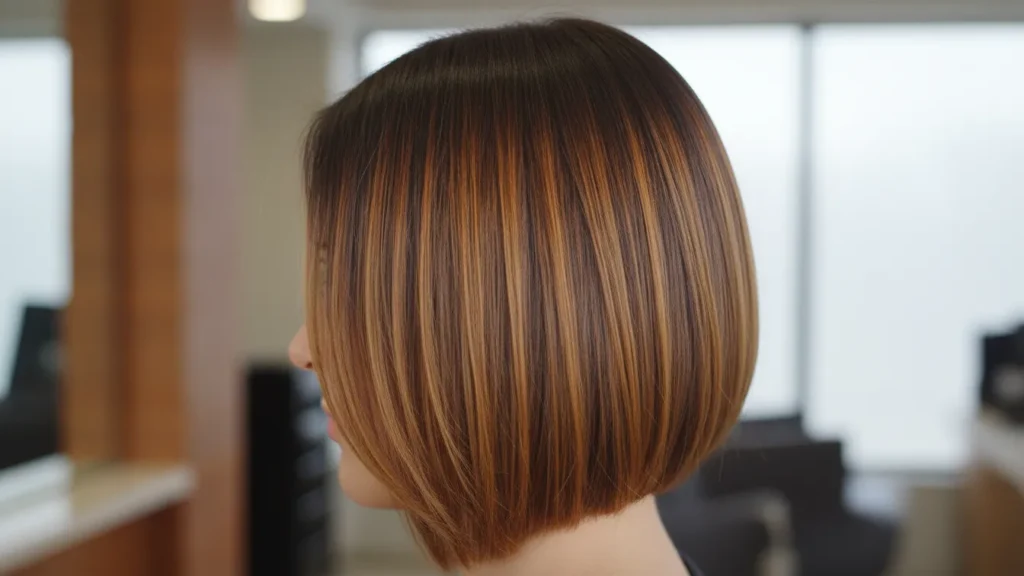 Honey Brown Balayage Ideas for Short Hair with dark roots melting into honey brown ends
