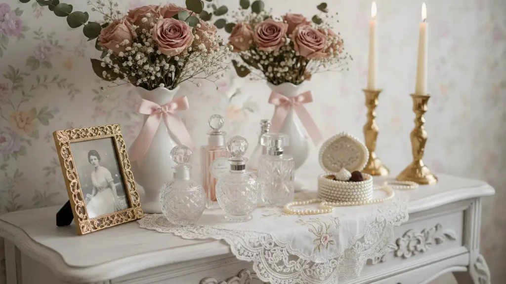 Coquette Home Aesthetic decorative details with bows lace crystal and candles