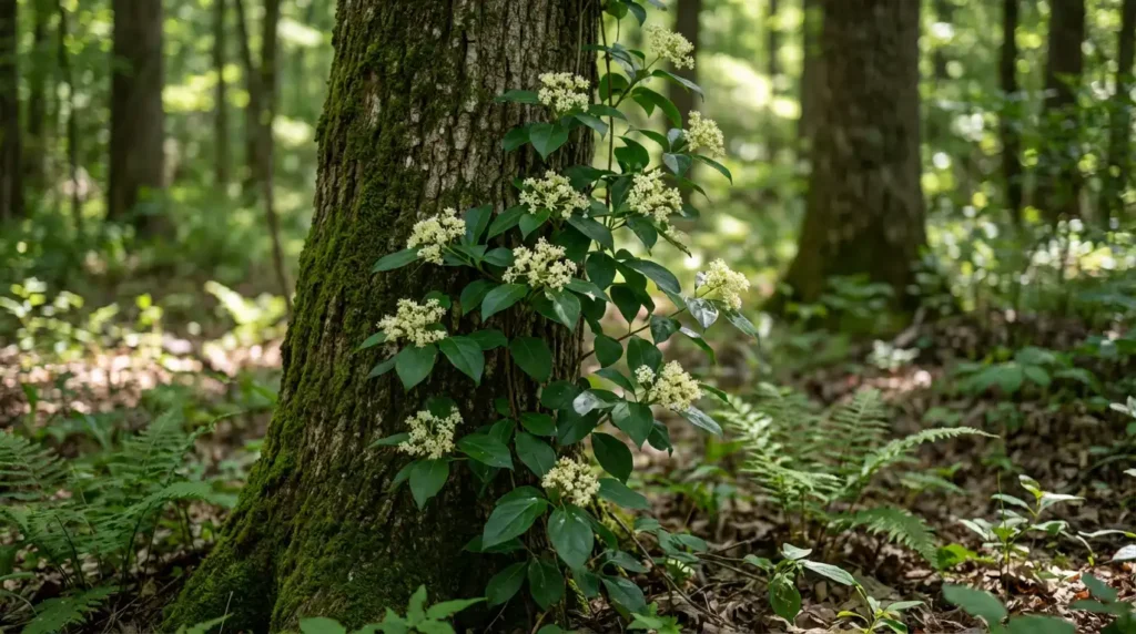 yourselflovehub.com decumaria vine flowers climbing tree trunk in dappled shade