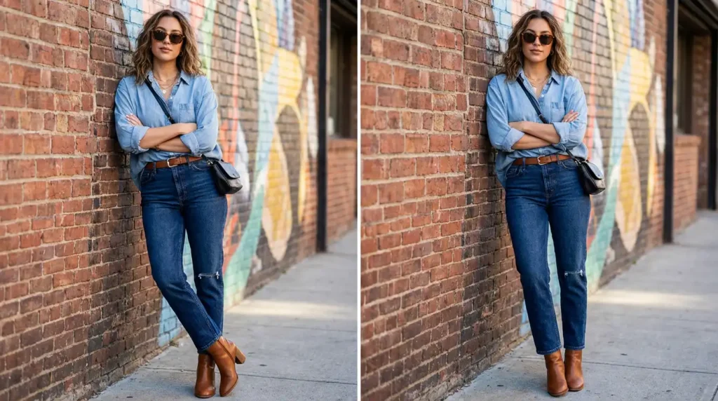 Oversized Shirt Outfit Ideas: Denim-on-denim outfit with oversized chambray shirt and dark indigo jeans, ankle boots, crossbody bag