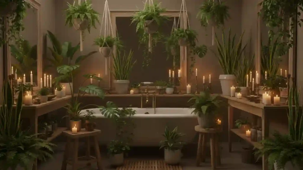 designer bathroom styled with layered shower plants candles and wood accents creating a luxurious home spa look