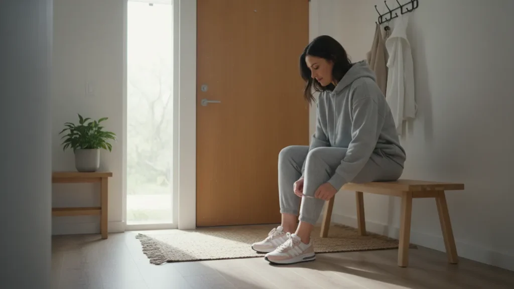 how to make a self care routine stick woman in loungewear putting on sneakers by front door starting tiny habit