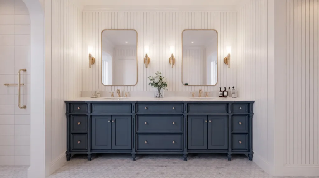 Master bathroom with 60 inch navy blue double vanity, white marble top, two brass framed mirrors and brass sconces against white beadboard walls