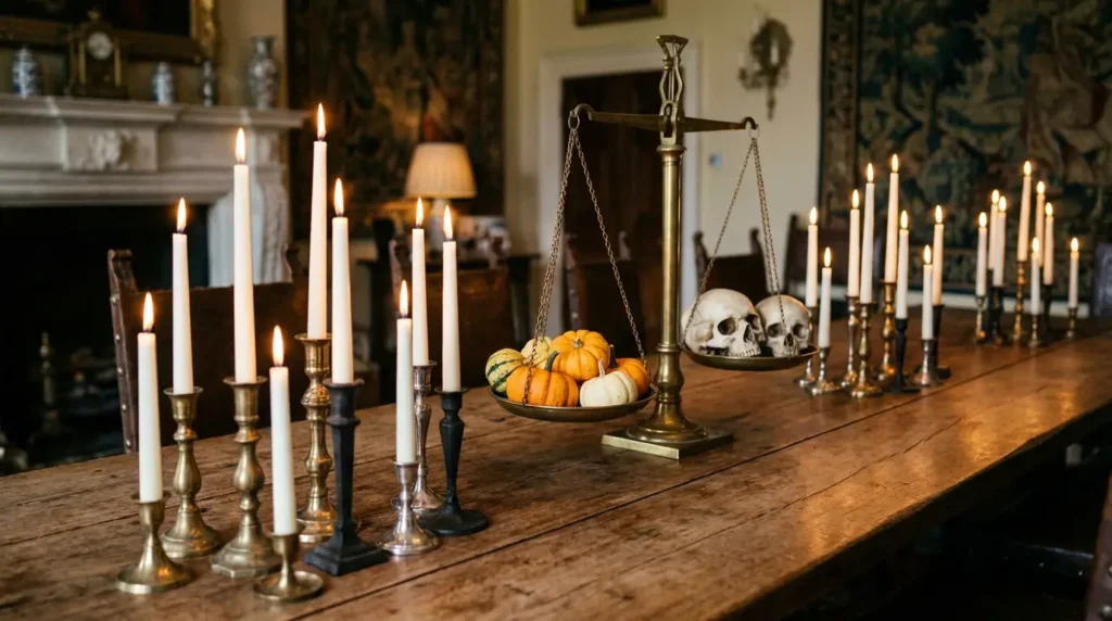 yourselflovehub.com dramatic table styling with tall taper candles and a vintage scale centerpiece for added height.