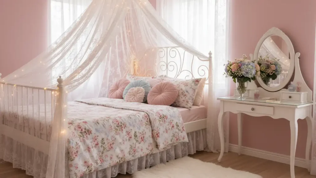 Coquette Home Aesthetic dreamy bedroom with lace canopy floral bedding and vanity