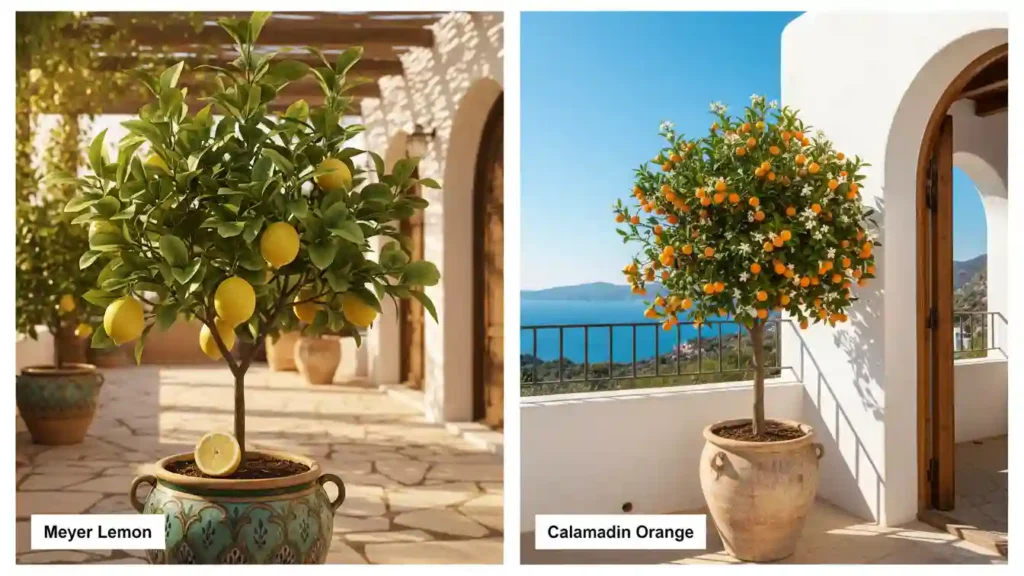 Meyer lemon tree and Calamondin orange tree in matching patio containers creating a tiny citrus grove by yourselflovehub.com