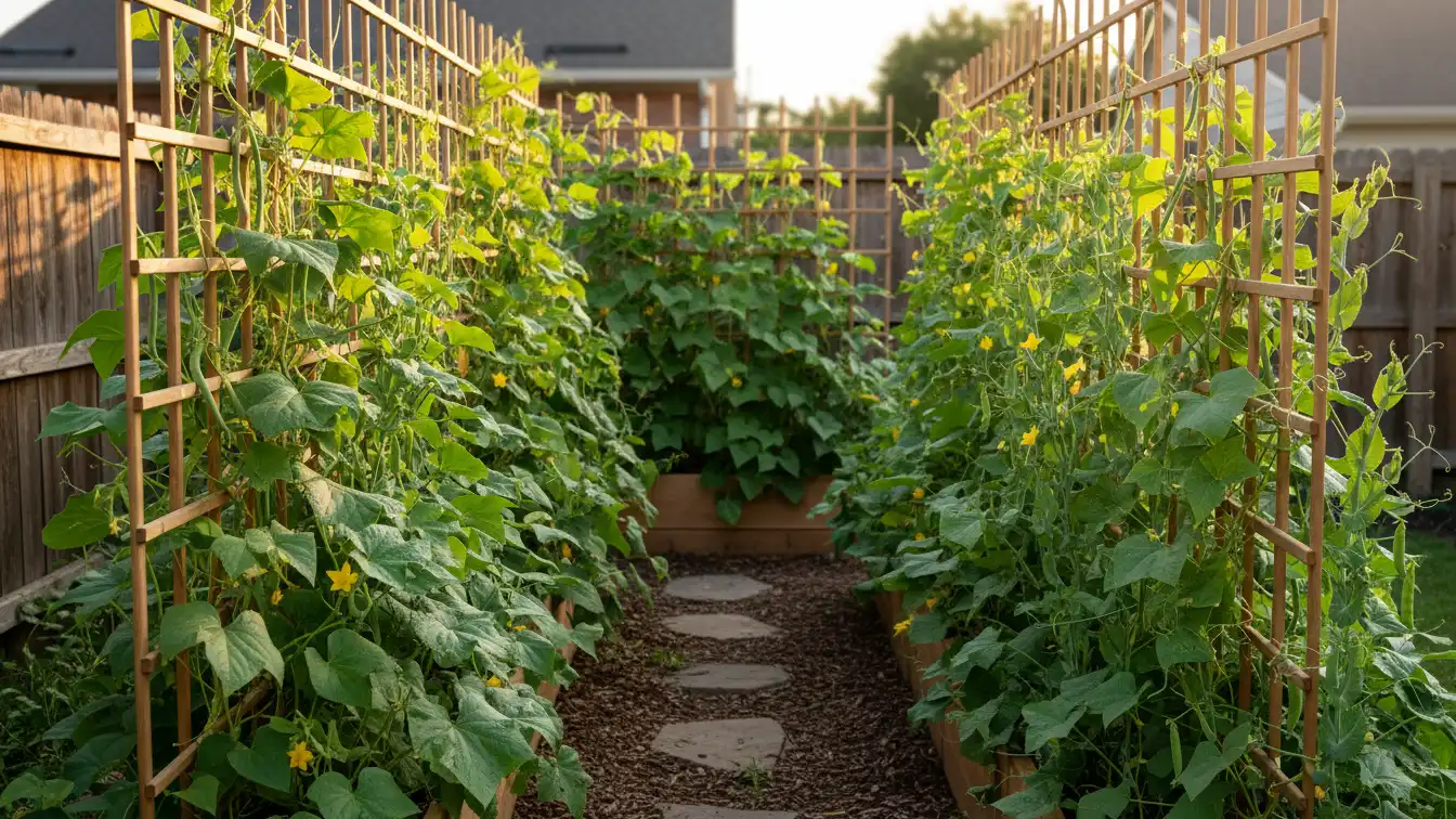 Easy vegetables that grow on a trellis in a small raised bed garden