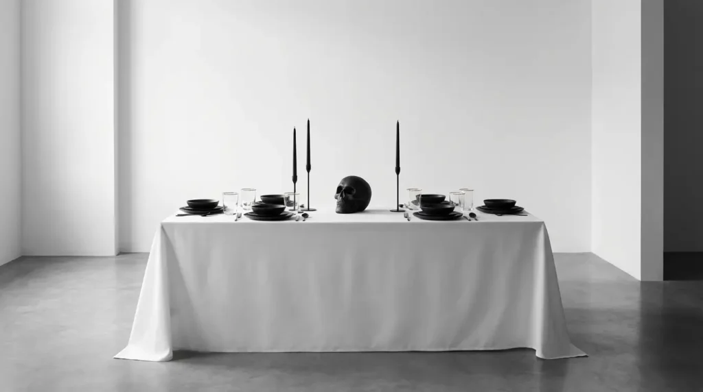 Less is Hauntingly More: yourselflovehub.com modern minimalist Halloween table with monochrome styling, skull centerpiece, and matte black candles.