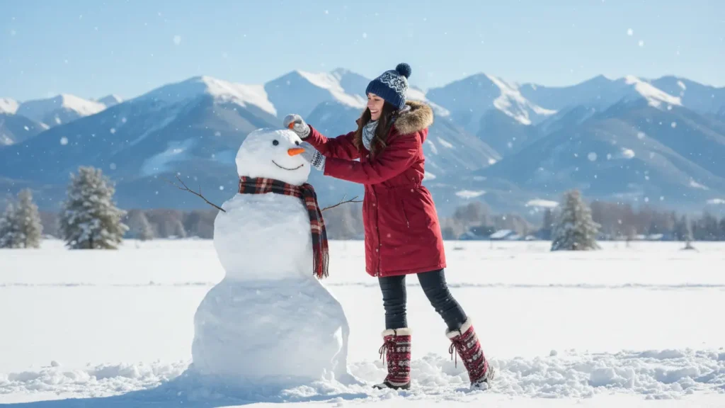 YourselfLoveHub joyful winter outdoor moment building a snowman with mountains in the background.

Warm Up Yo