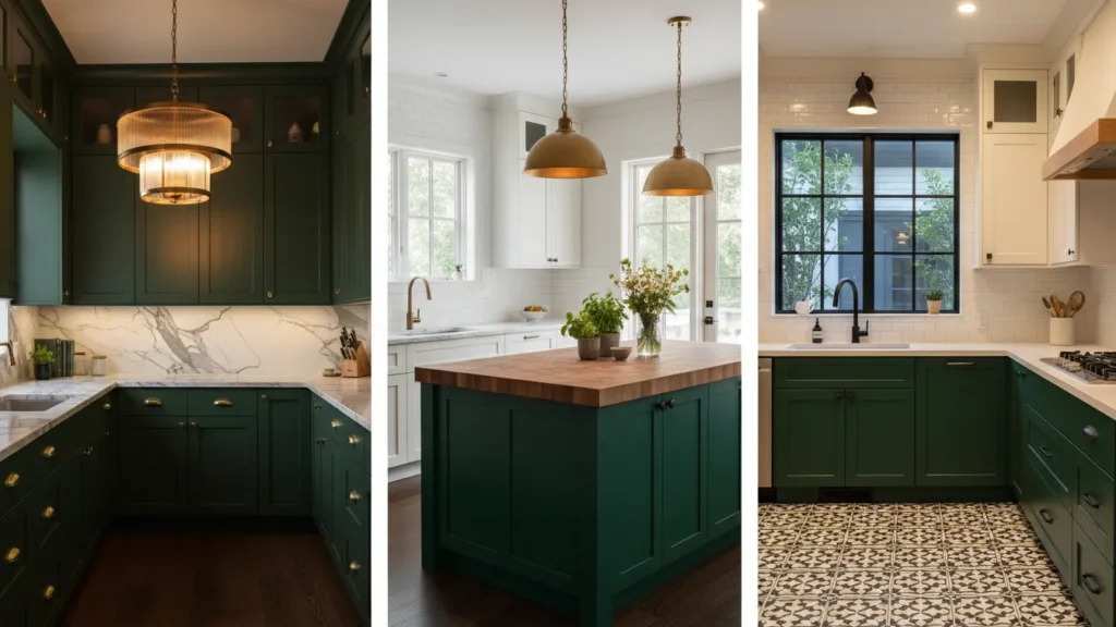 A three-panel collage of emerald green kitchens, from a moody marble-backdrop space to a bright white-and-wood island and a high-contrast black and white design, illustrating dramatic gorgeous green kitchen ideas.
