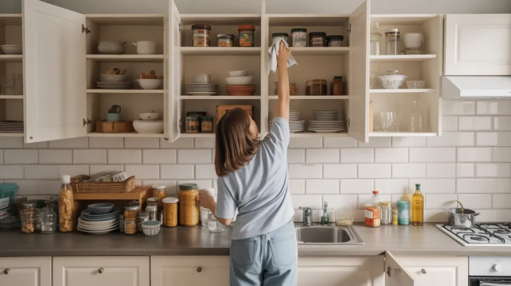 Starting to organize kitchen cabinets by emptying and cleaning shelves