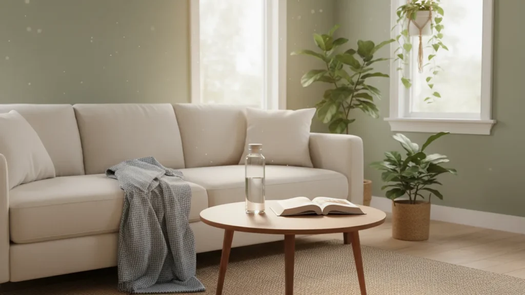 YourselfLoveHub.com bright tidy living room with blanket book and water bottle styled as supportive self care space