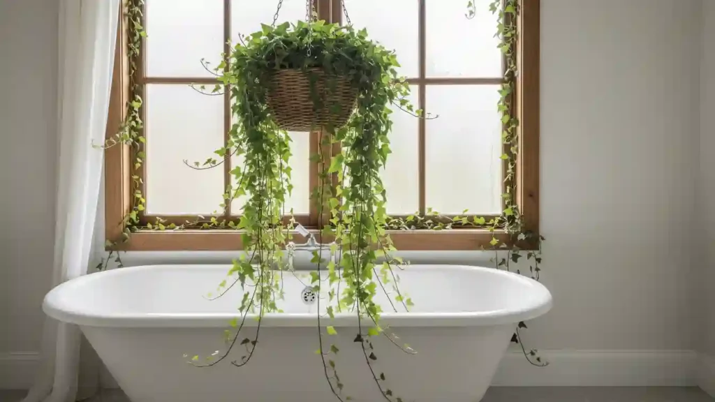 english ivy trailing around a steamy bathroom window frame creating a romantic curtain effect on yourselflovehub.com
