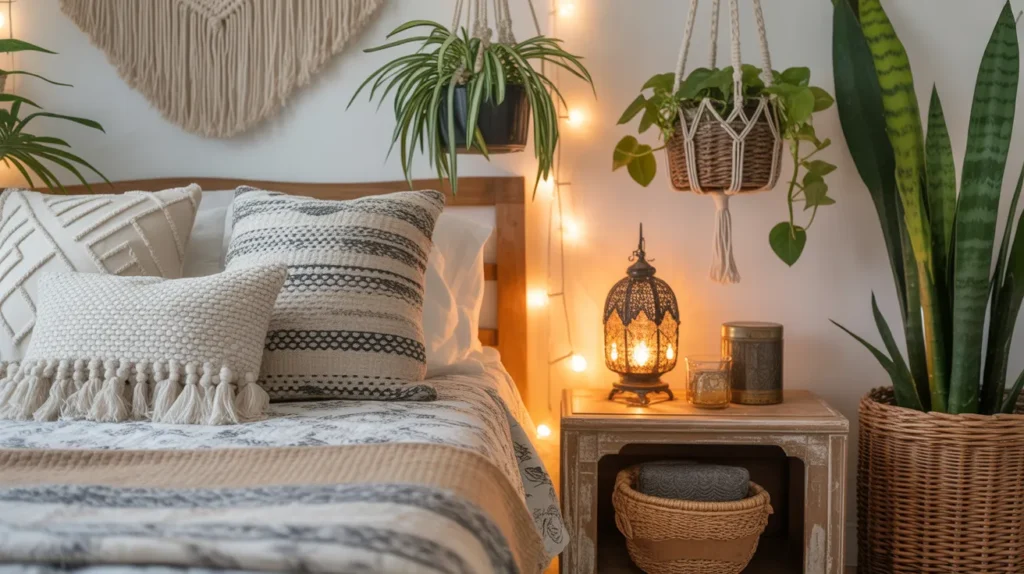 “Close-up of layered boho bedding, plants, string lights and Moroccan lantern on nightstand, highlighting essential bedroom decor for yourselflovehub.com”